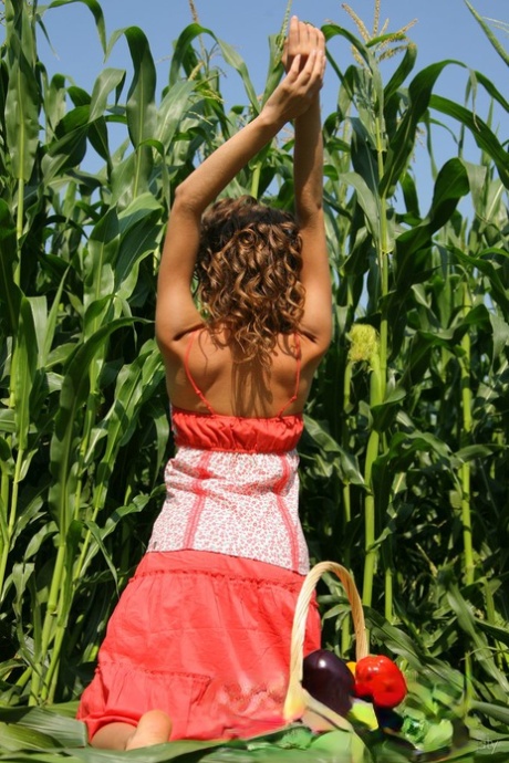 Cute teen Janet A sports curly hair while getting naked in a cornfield 53860992