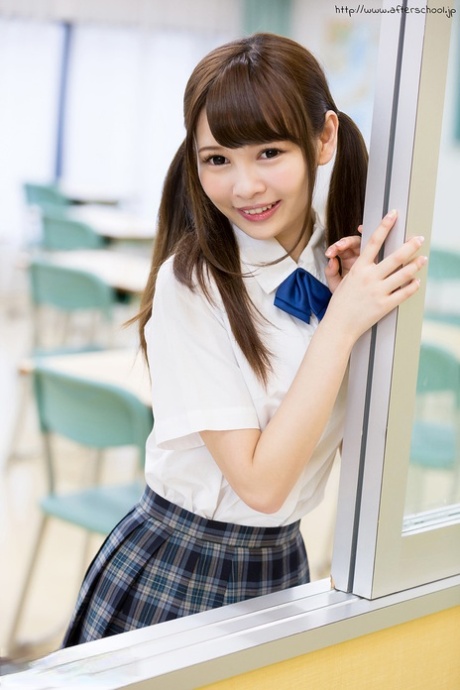 Cutie Japanese schoolgirl in pigtails shows naked ass in no panties upskirt 49442629