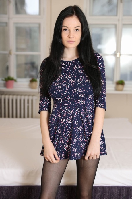 Dark haired teen Angel Princess toys her bald pussy after getting naked 54098206