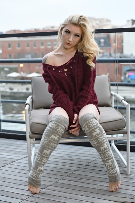 Blonde girl Emma York showcases her naked pussy in OTK leg warmers 59297260