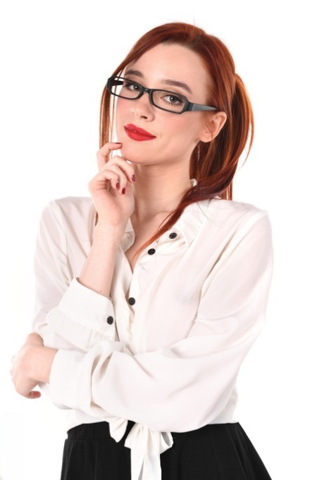 Redhead secretary Sherice strips naked before toying her pussy with glasses on 80995443