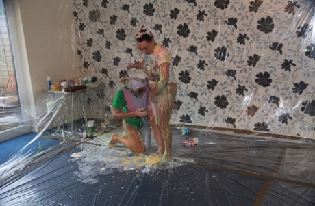 Amateur chick Molly MILF and her girlfriend douse each other in body paint 42361263