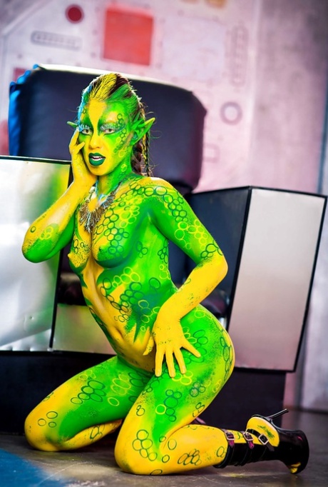 Kinky cosplay chick Tiffany Doll posing in body paint uniform and spreading 75241905